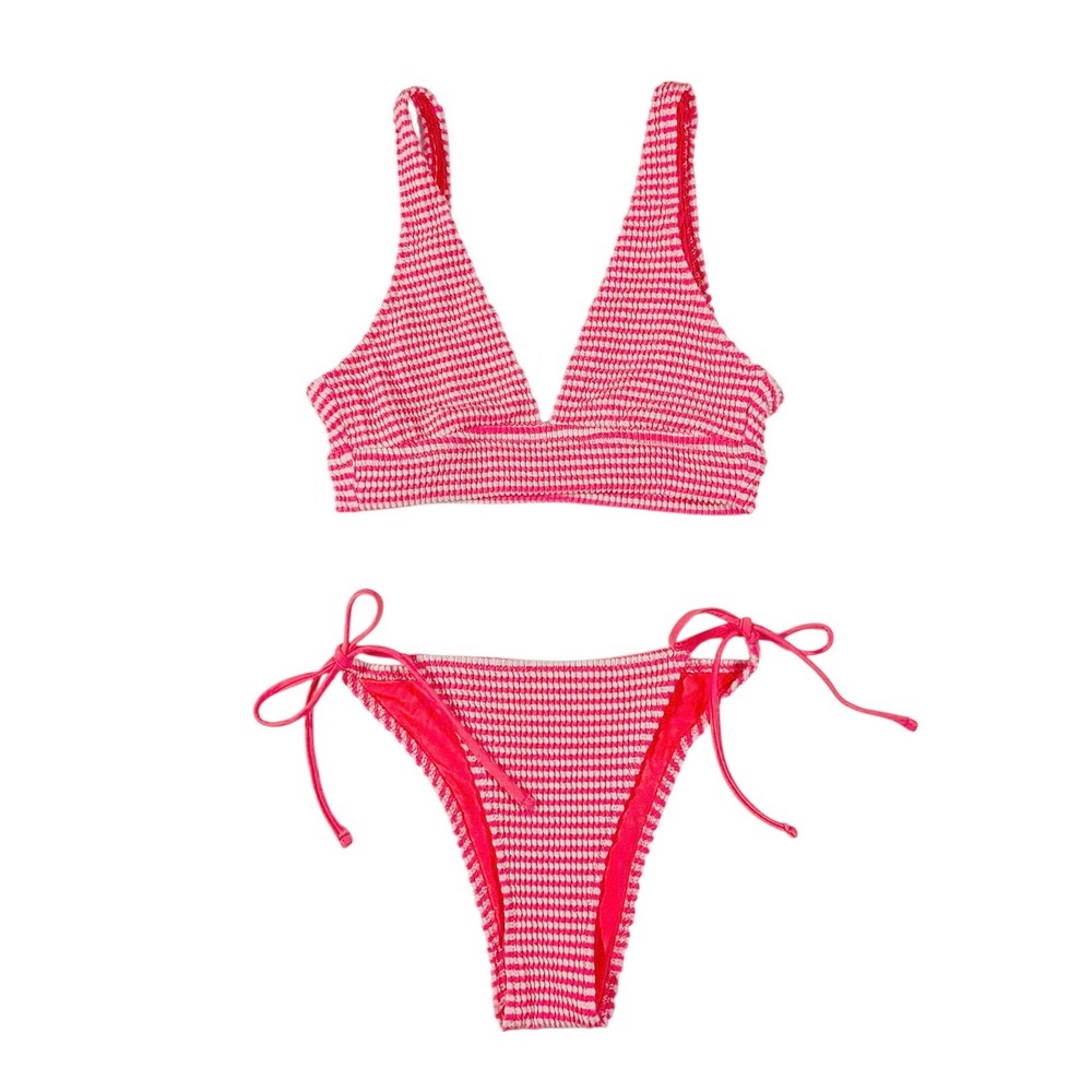 Aerie Crinkle Stripe Bikini Set Pink Longline Plunge Cheekiest Tie Bottom Size S